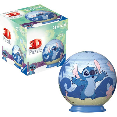 Puzzle 3D Disney Stitch em forma de globo com suporte azul e caixa de embalagem verde