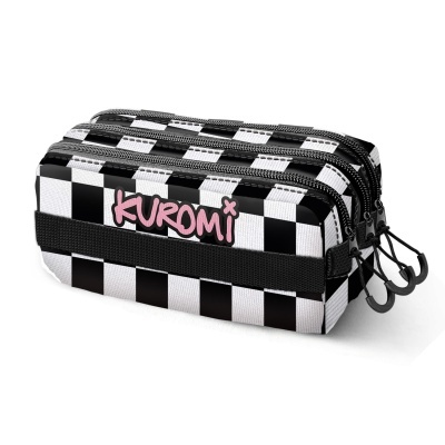 Estojo escolar preto e branco com texto KUROMI rosa