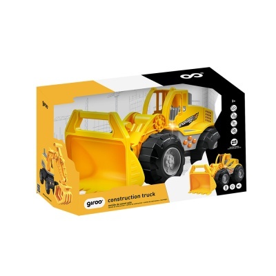 Carrinho de construção de brinquedo amarelo em caixa com texto giroo construction truck