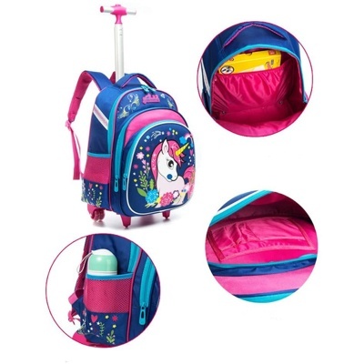 mochila azul e rosa com unicórnio e rodas