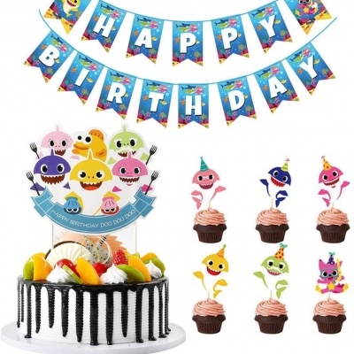 Decoração de festa infantil Baby Shark com bandeirolas, enfeite para bolo e toppers para cupcakes.