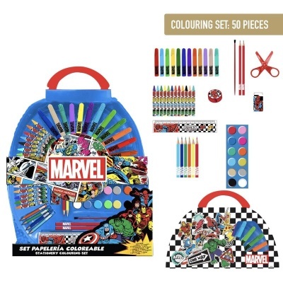 Conjunto de materiais de coloração Marvel com 50 peças em estojo azul e vermelho