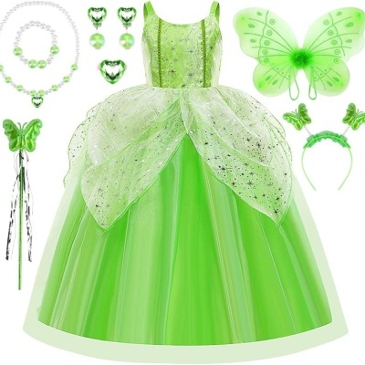 Conjunto de vestido verde de fada com acessórios de borboleta