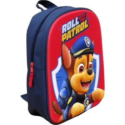 Mochila infantil azul e vermelha com estampa de cão policial e texto 'ROLL WITH PATROL'.