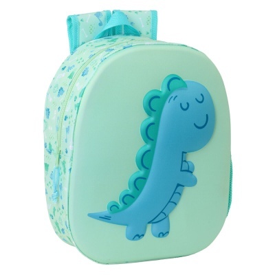 Mochila infantil verde claro com dinossauro azul 3D