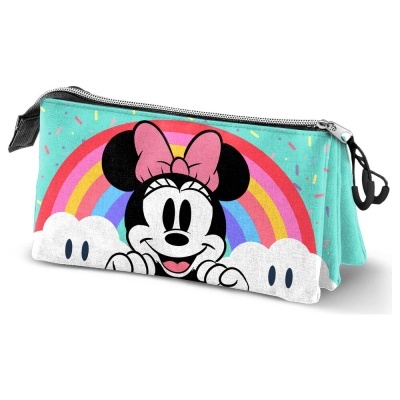 Estojo com imagem de Minnie Mouse, arco-íris e nuvens em fundo azul turquesa