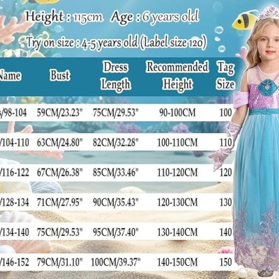 Tabela de tamanhos para vestidos infantis com medidas de busto, comprimento do vestido, altura recomendada e tamanho da etiqueta