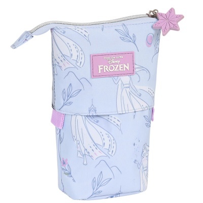 Estojo escolar Disney Frozen azul claro com estampados e fecho zip rosa
