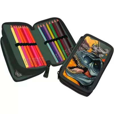 Estojo de lápis de cor com estampa de dinossauros e 12 lápis coloridos