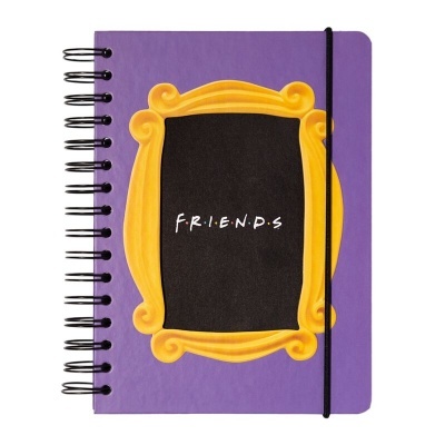 Caderno de argolas roxo com moldura amarela e texto FRIENDS
