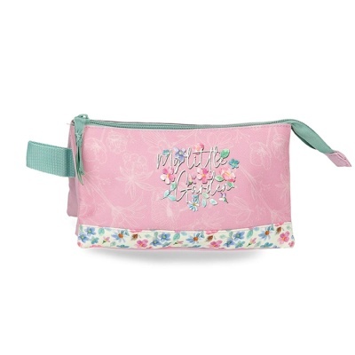 Estojo cor-de-rosa floral com texto My Little Garden e fecho verde