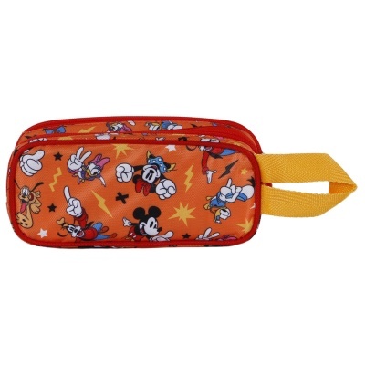 Estojo escolar laranja com personagens de desenhos animados e alça amarela