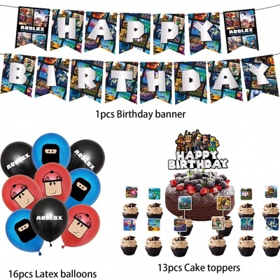 Decoração de aniversário Roblox com faixa, balões e toppers para bolo