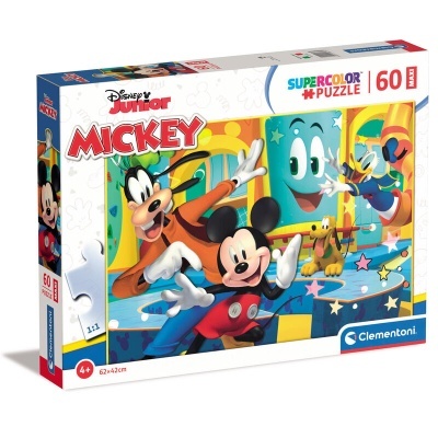 Caixa de puzzle com imagem dos personagens Mickey, Pateta, Pluto e Pato Donald