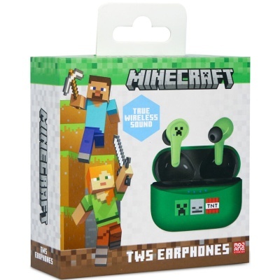 Auriculares TWS verdes da Minecraft em embalagem com personagens do jogo