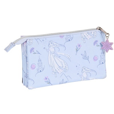 Estojo azul claro com desenhos de princesa e castelos
