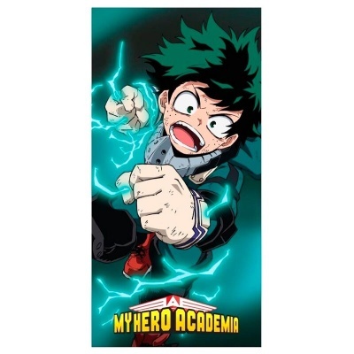 Ilustração de personagem de anime Izuku Midoriya com raios azuis e texto My Hero Academia