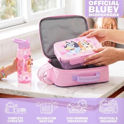 Conjunto oficial BLUEY com mochila, lancheira e garrafa rosa