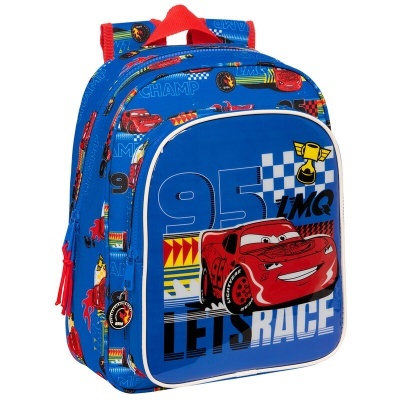 Mochila azul com estampa de carros do filme Cars e texto 'LET'S RACE'.