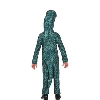 Fato de criança com capuz em padrão verde que imita pele de réptil visto de costas