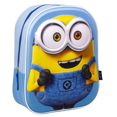Mochila azul clara com minion 3D, macacão azul e óculos grandes
