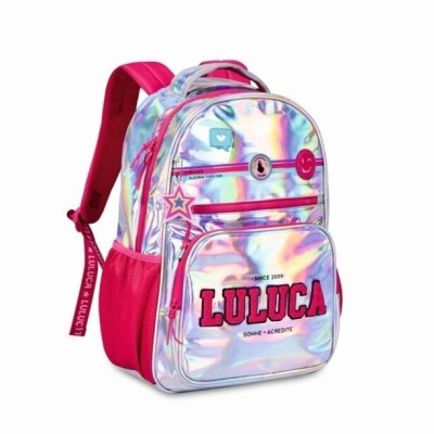Mochila holográfica com detalhes rosa e texto LULUCA