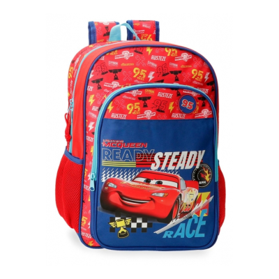 Mochila infantil Disney Cars vermelha e azul com estampa do McQueen e texto Ready Steady Race