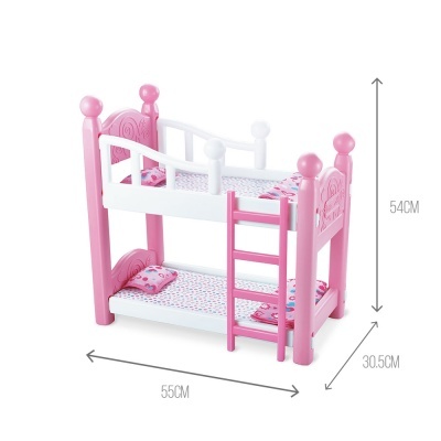 Cama de beliche de brinquedo cor-de-rosa e branco com escada e colchas coloridas