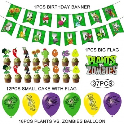 Conjunto de decoração para festa Plants vs. Zombies com faixa, bandeira, mini bolos e balões coloridos.