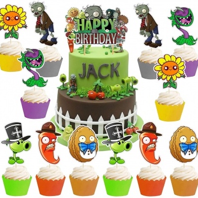 Bolo de aniversário Plants vs Zombies com Cupcakes e toppers coloridos