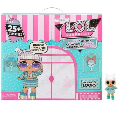 Calendário do advento LOL Surprise com boneca e várias cores vibrantes.