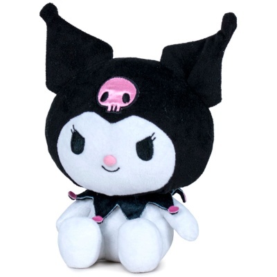 Pelúcia da personagem Kuromi com corpo branco e cabeça preta com caveira rosa
