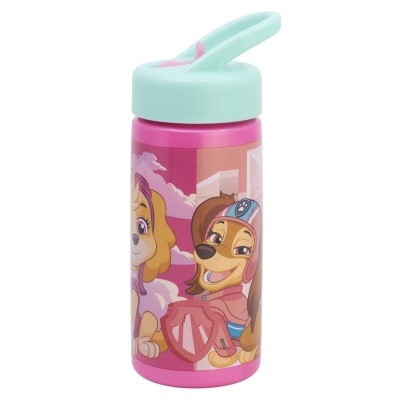Garrafa de plástico cor-de-rosa com tampa azul clara e desenho de cães animados