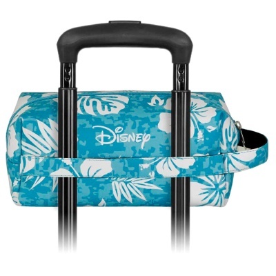 Mala de viagem pequena azul com padrão branco de folhas e texto branco Disney