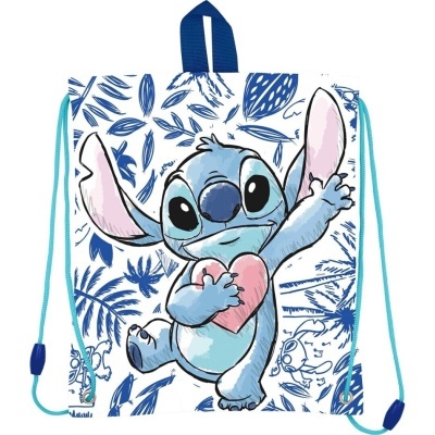 Mochila saco branca com padrão azul e ilustração de Stitch segurando um coração rosa