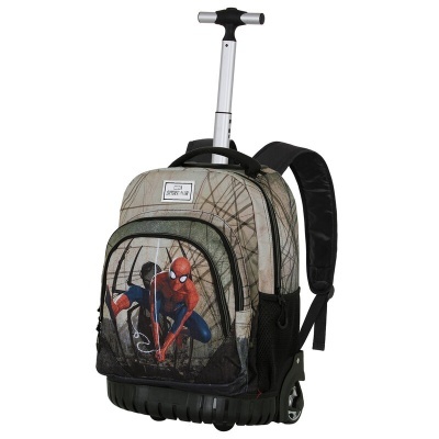 Mochila com rodas e puxador tubular com imagem do Homem-Aranha e bolsos frontais