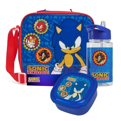 Conjunto azul do Sonic the Hedgehog com lancheira, garrafa e caixa