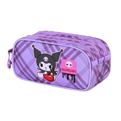 Estojo roxo Kuromi com padrão xadrez e personagem segurando uma cereja