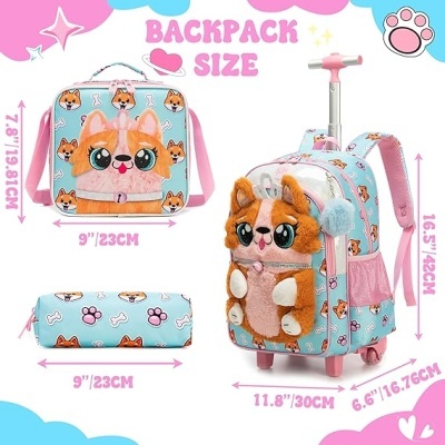 Conjunto mochila com carrinho, lancheira e estojo com padrão de cães e ossos azul e rosa