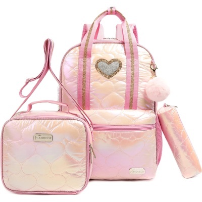 Conjunto rosa perolado mochila bolsa e estojo com padrão de corações e coração dourado