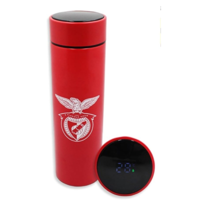 Garrafa térmica vermelha com display digital e logotipo branco