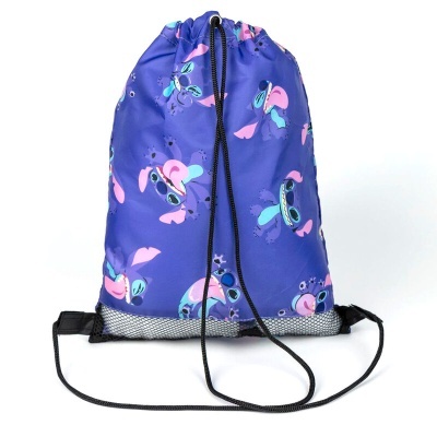 Mochila azul com padrão floral e cordão preto