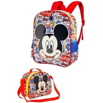 Mochila e lancheira infantil com estampa colorida de Mickey Mouse e texto