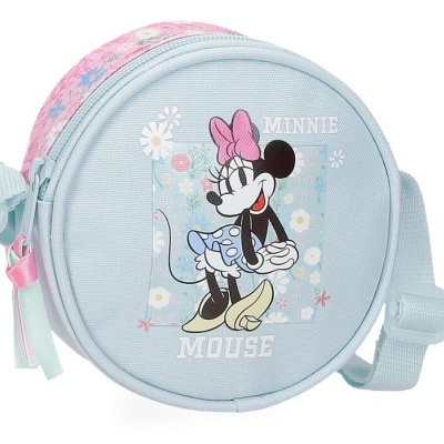 Bolsa redonda azul clara com estampa da personagem Minnie Mouse e texto MINNIE MOUSE