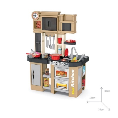 Cozinha de brinquedo bege com utensílios vermelhos e pretos, incluindo fogão, forno e micro-ondas.