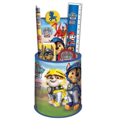 Conjunto de material escolar da Paw Patrol com personagens Chase e Rubble em suporte cilíndrico azul.