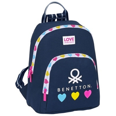 Mochila azul escura com corações coloridos e logótipo Benetton