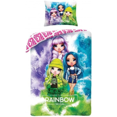 Conjunto de roupa de cama com estampado de três bonecas e texto Rainbow High