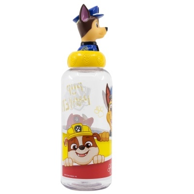 Garrafa de plástico com personagens Patrulha Pata e tampa amarela