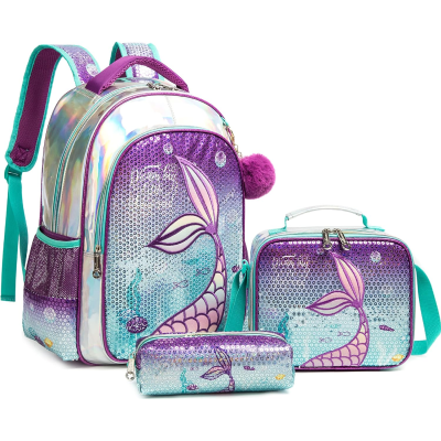 Conjunto de mochila, estojo e bolsa térmica com padrão de sereia roxo e prateado